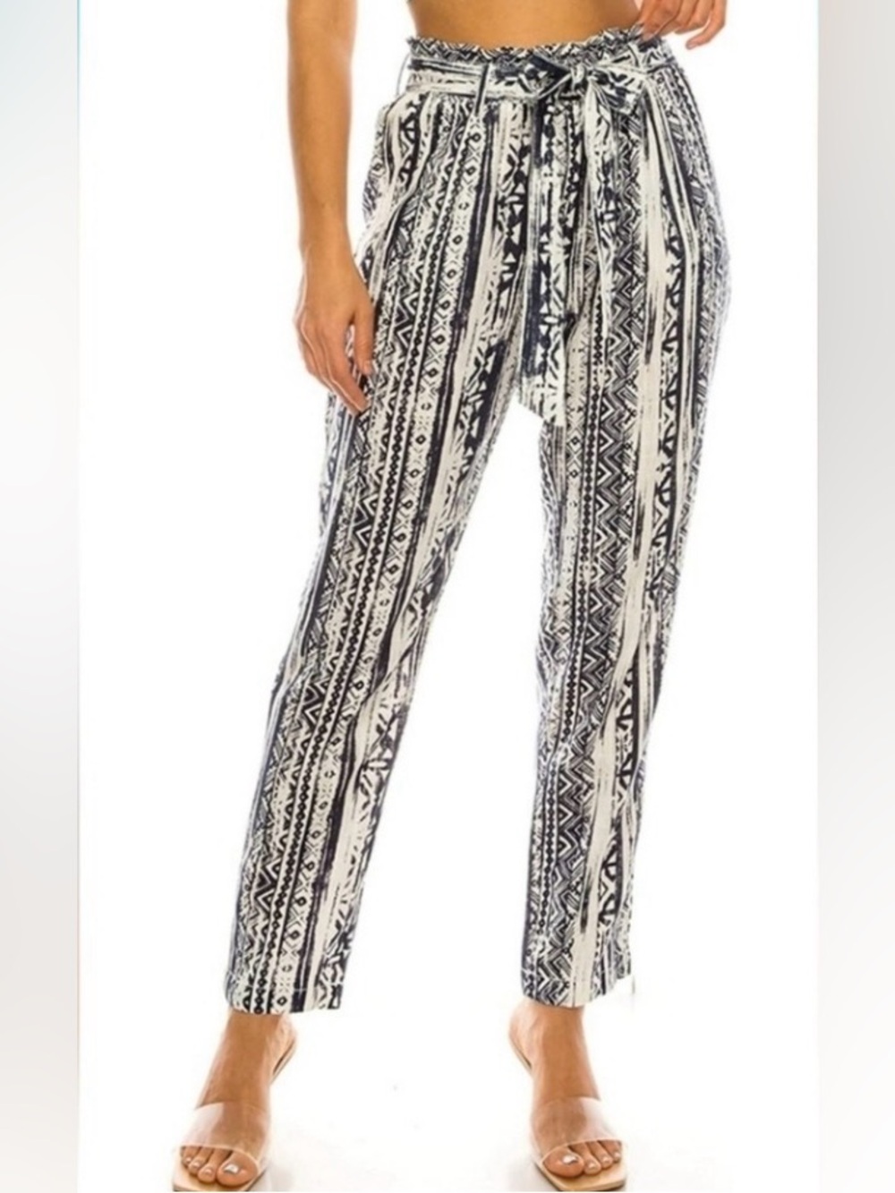High-Rise Straight Leg Linen Blend Geometric Print Belted Pants. Size L